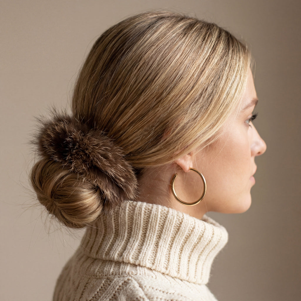 beaver fur hair scrunchie in someones hair