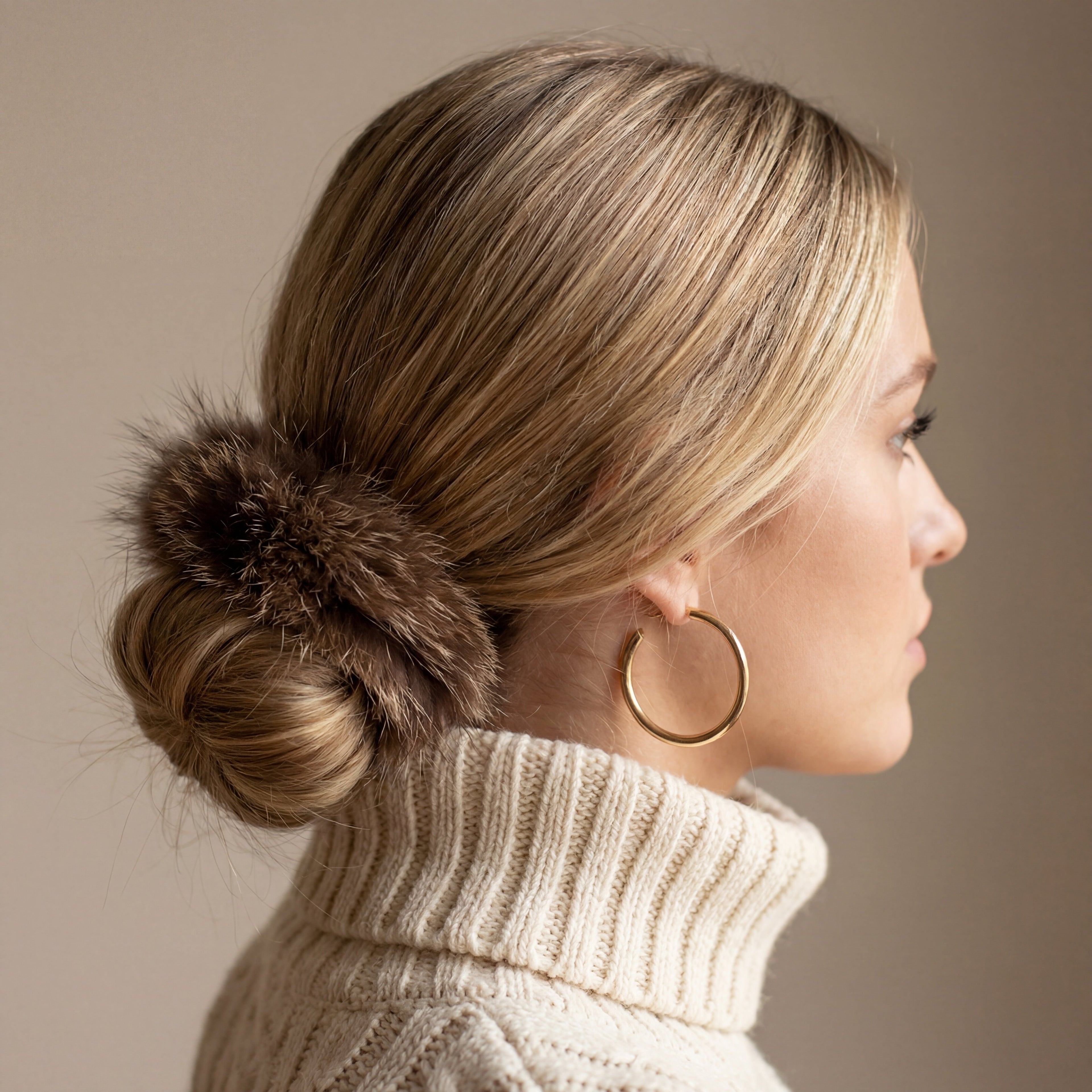 beaver fur hair scrunchie in someones hair