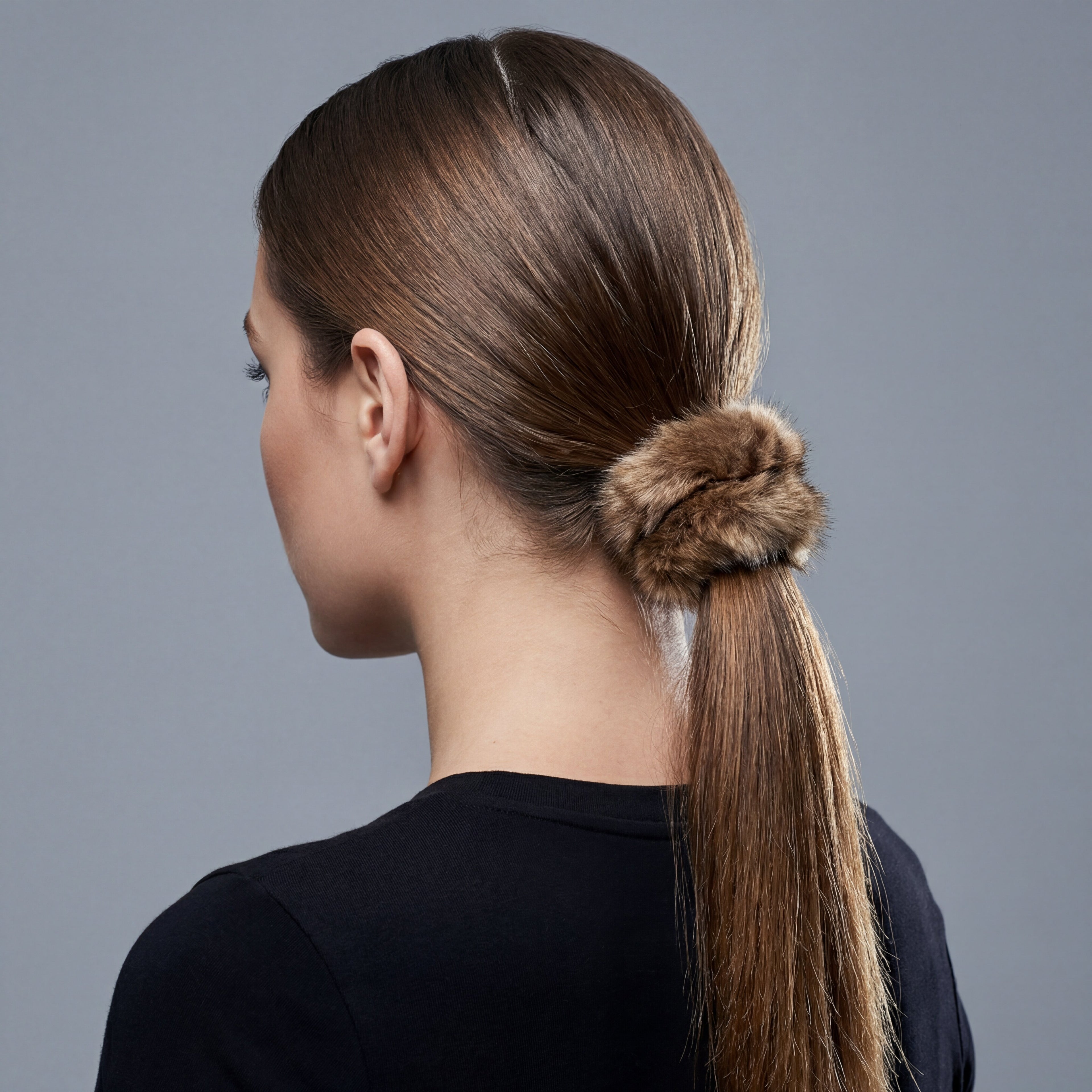 bobcat fur scrunchie holding up someones hair
