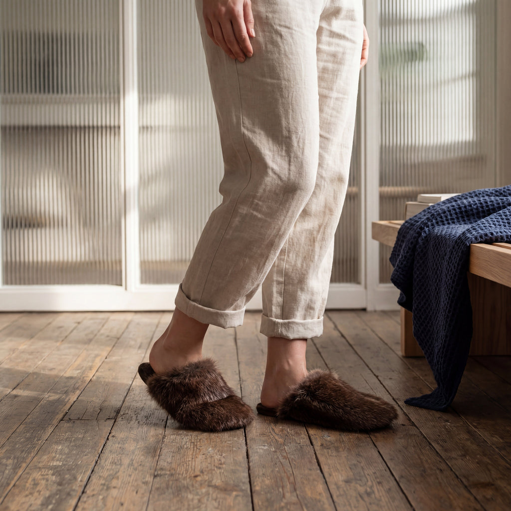 someone wearing beaver fur slippers on a wooden floor
