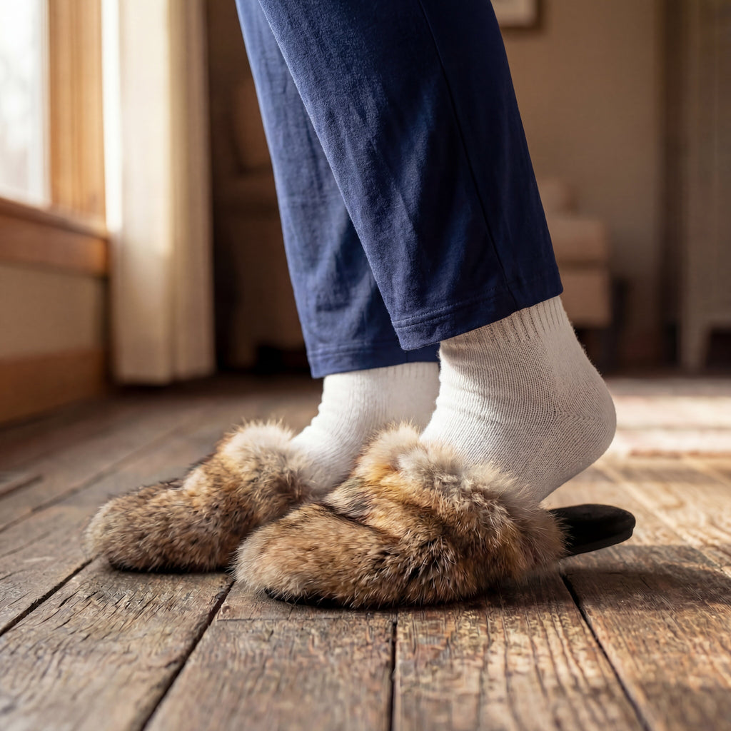 someone wearing coyote fur slippers indoors
