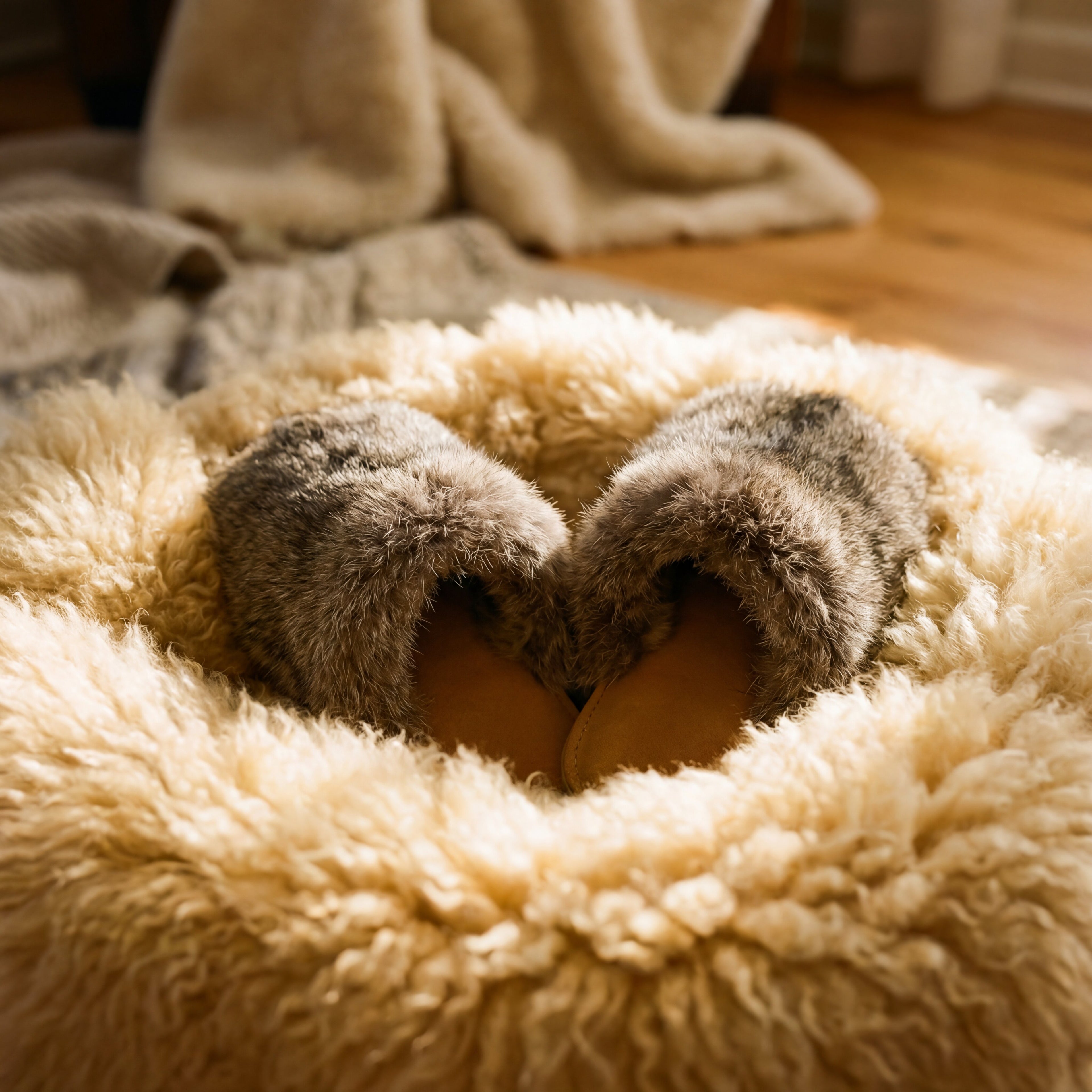 grey fox fur slippers with an orange sole on a fur bean bag