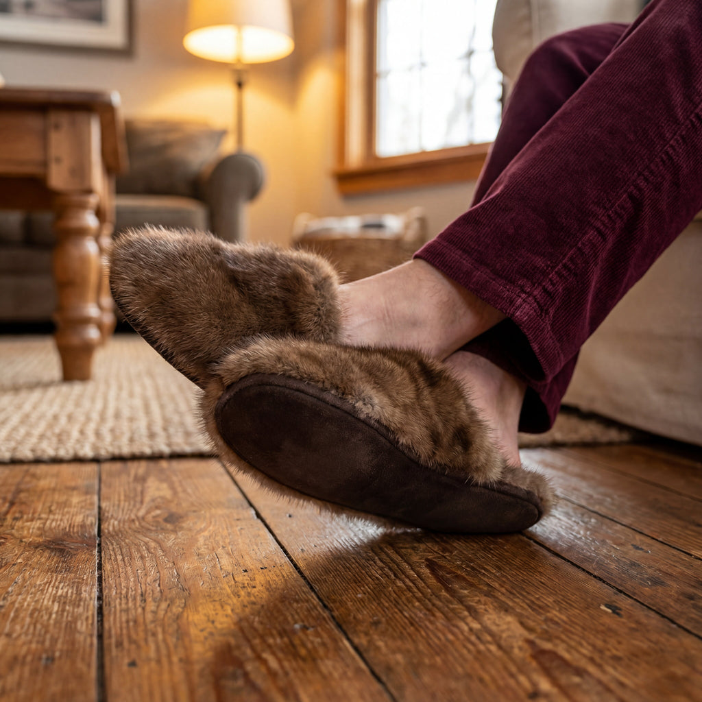 someone wearing muskrat fur slippers sat on a sofa