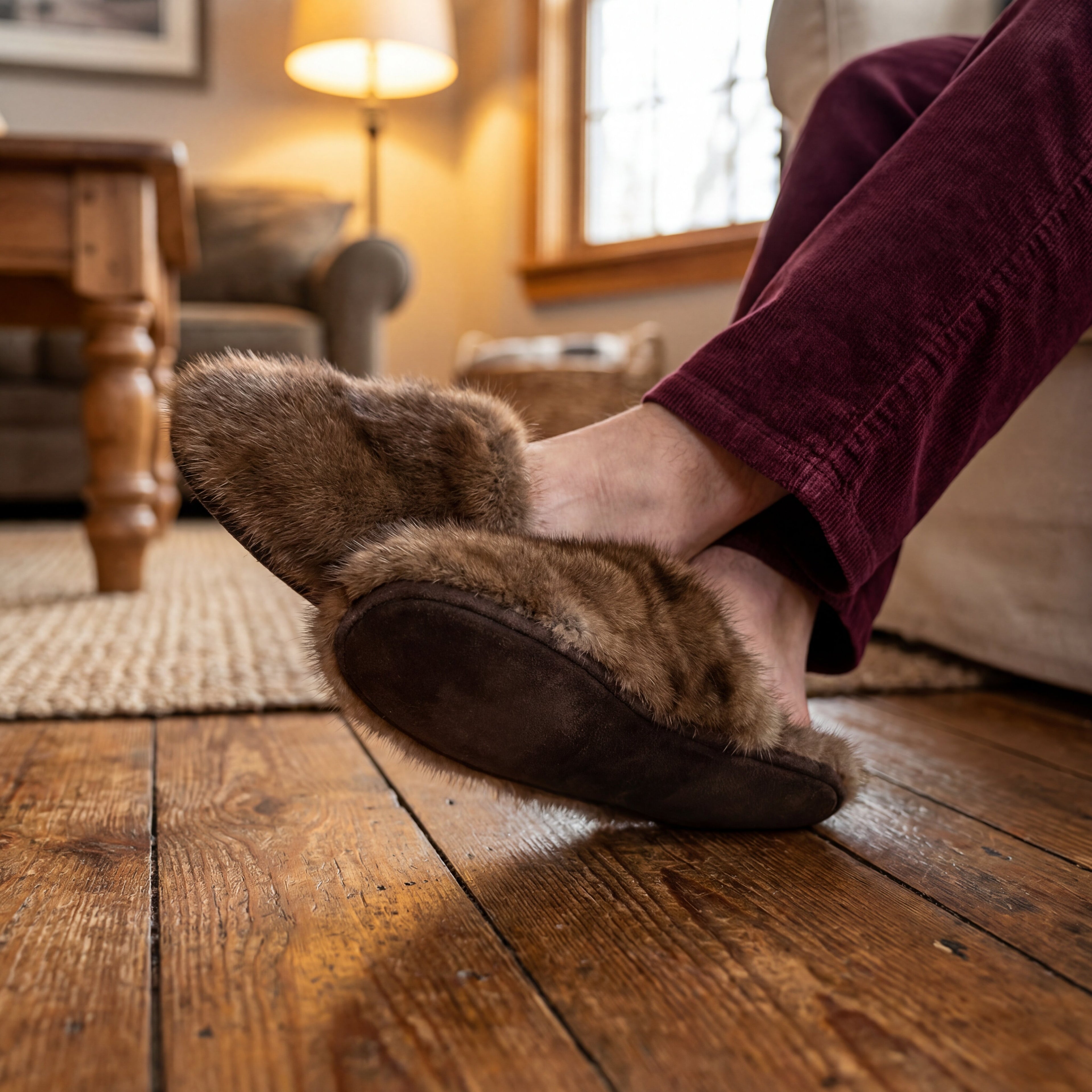 someone wearing muskrat fur slippers sat on a sofa