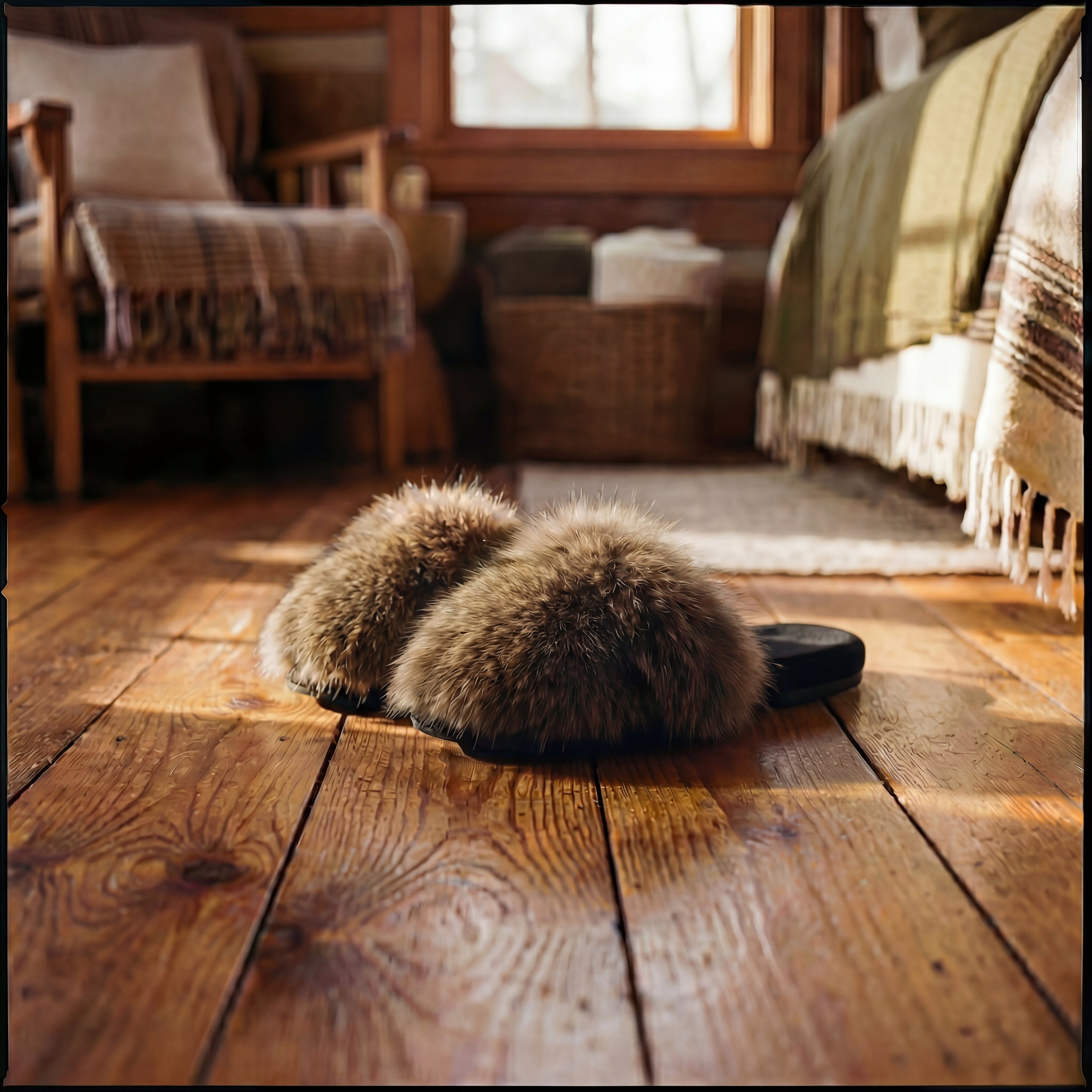 raccoon fur slippers with a black felt sole