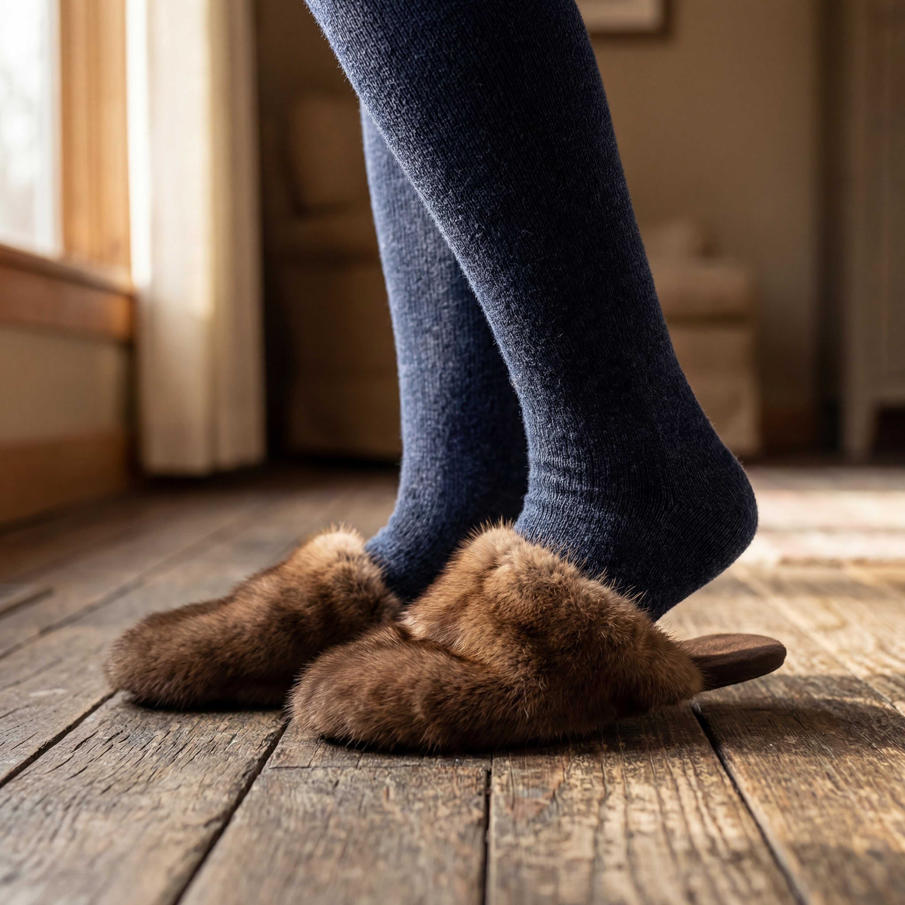 a person wearing wild mink fur slippers indoors