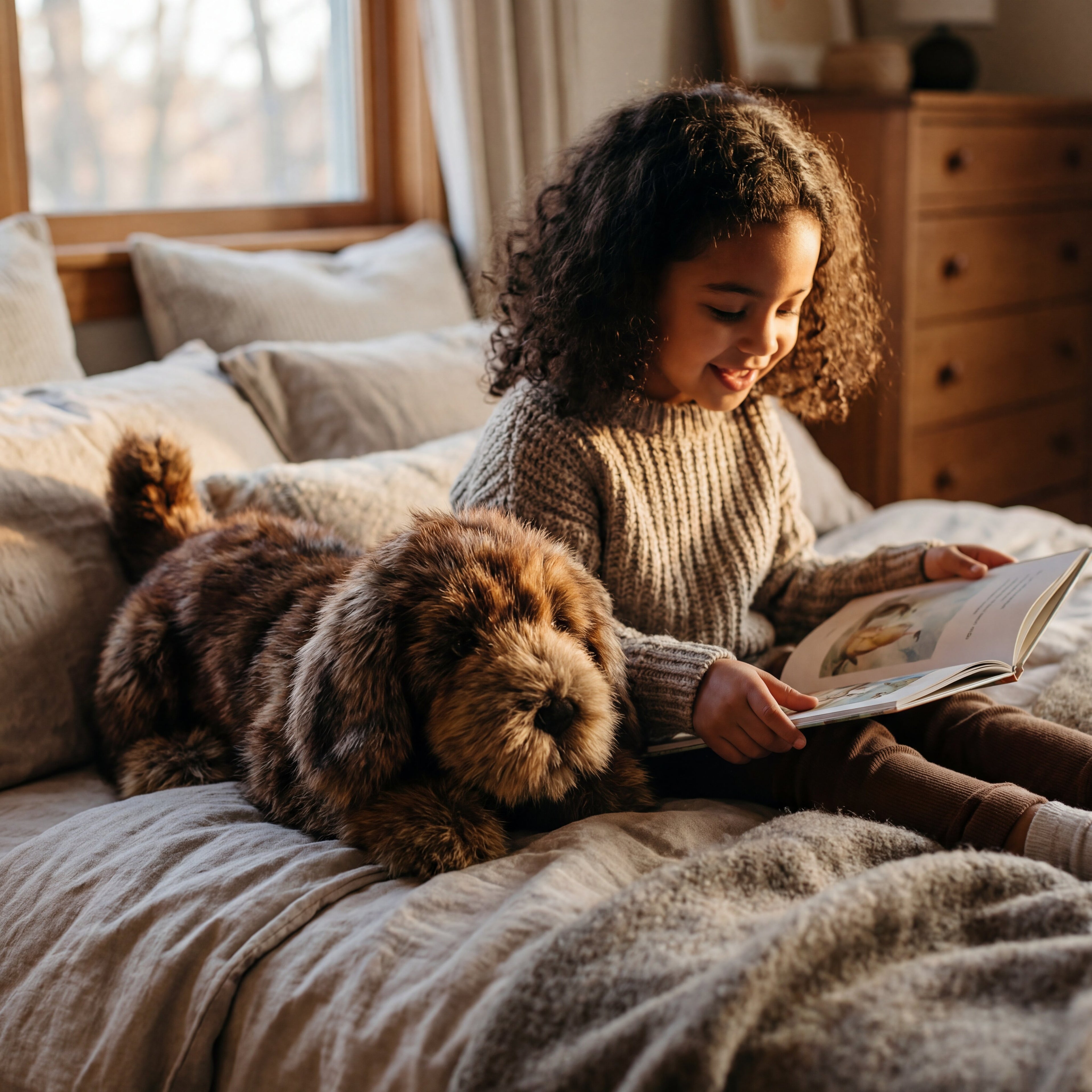 child reading to a beaver fur puppy on a bed