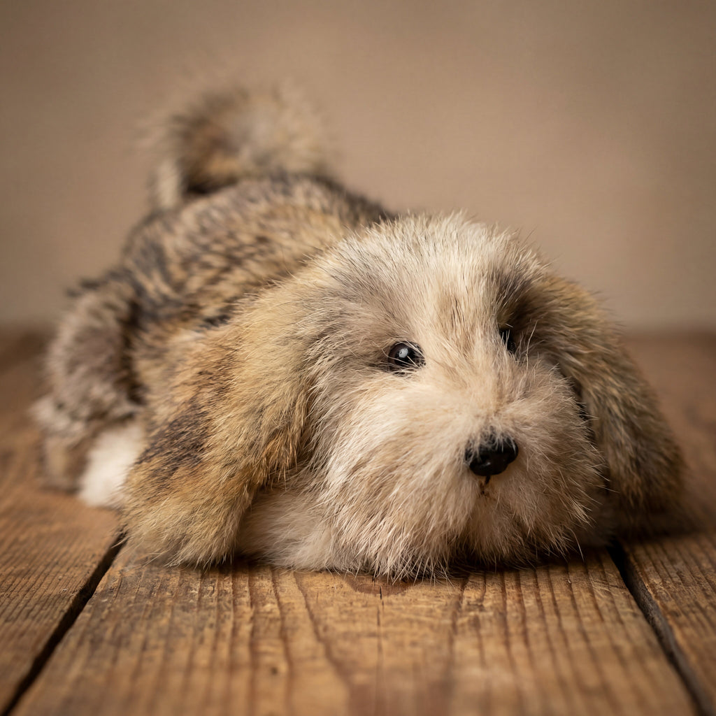 coyote fake fur puppy on a wooden floor