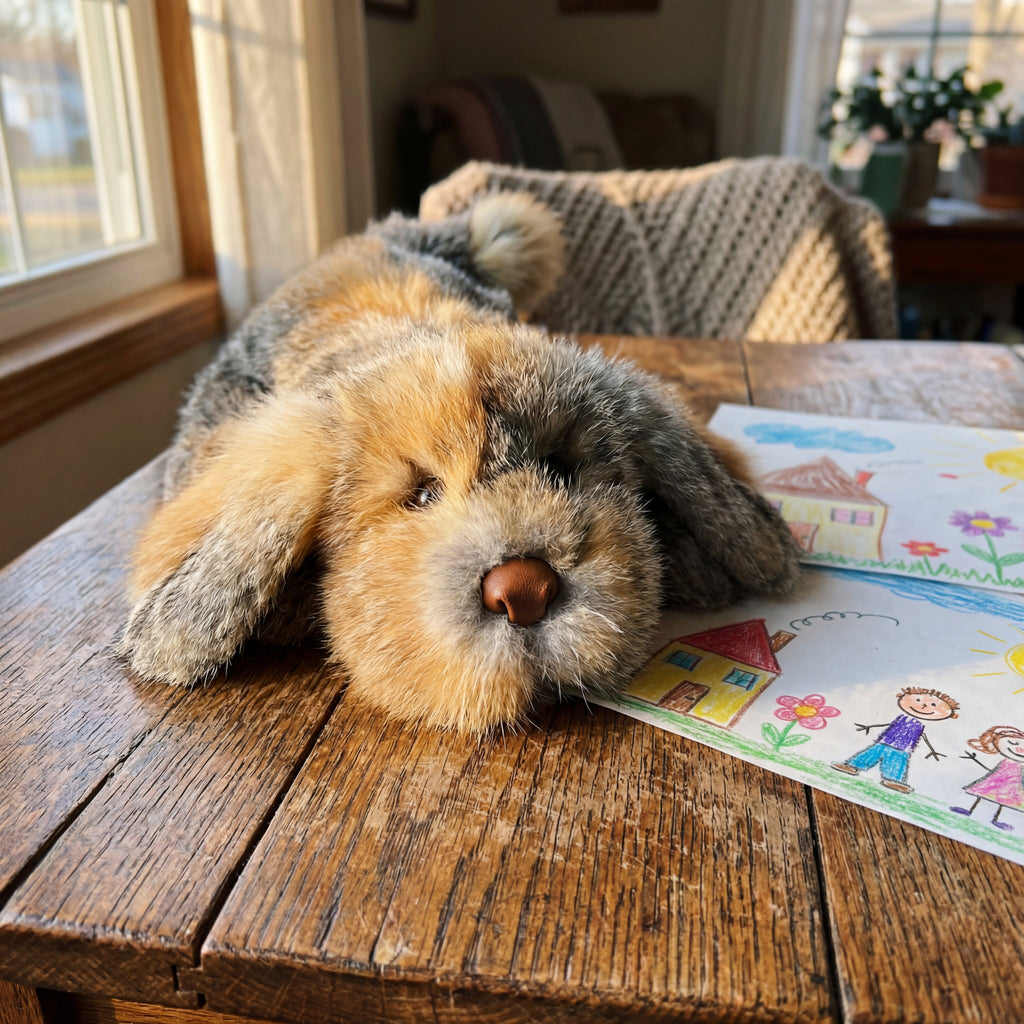 grey fox fur fake puppy on a kitchen table 