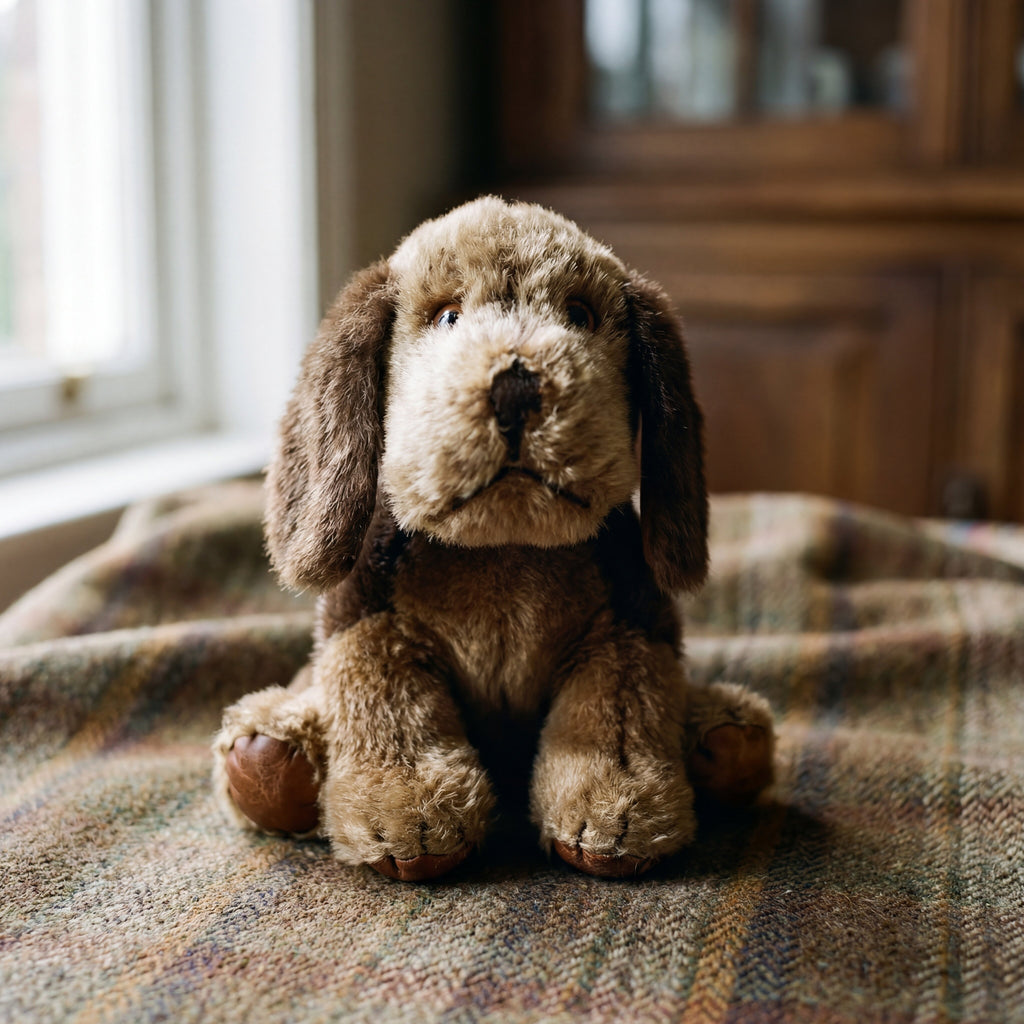 otter fur hound puppy on a blanket inside