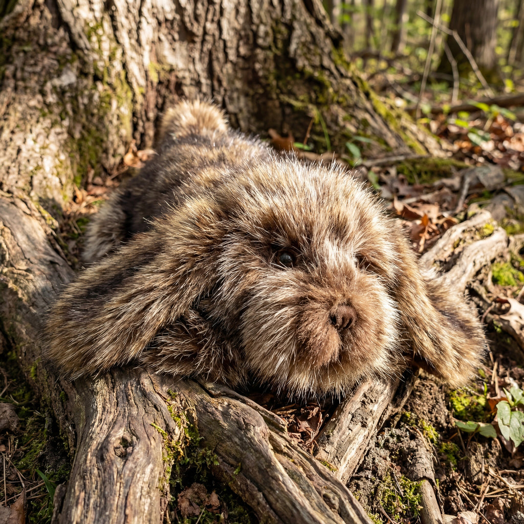 raccoon fur hound puppy outside on a log