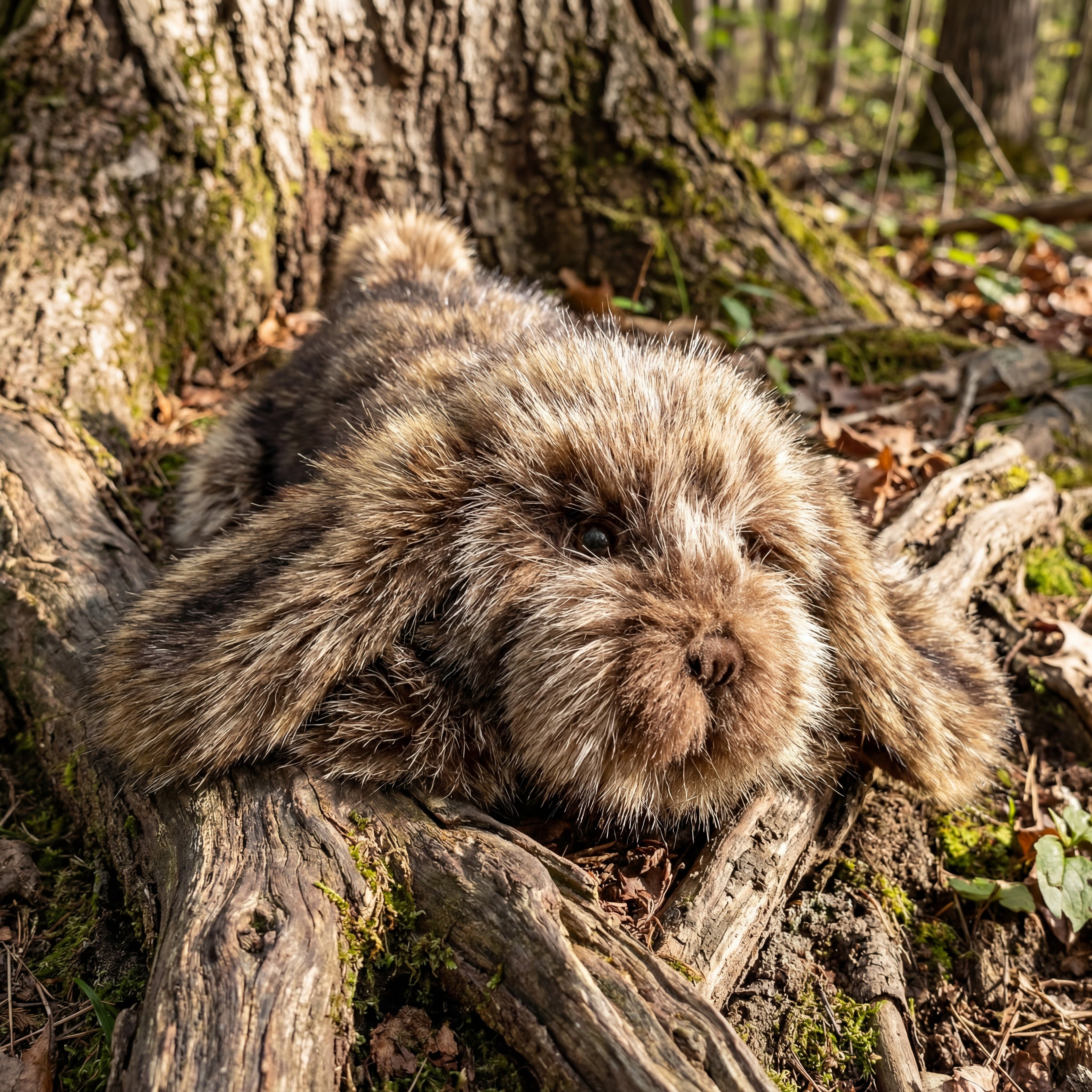 raccoon fur hound puppy outside on a log