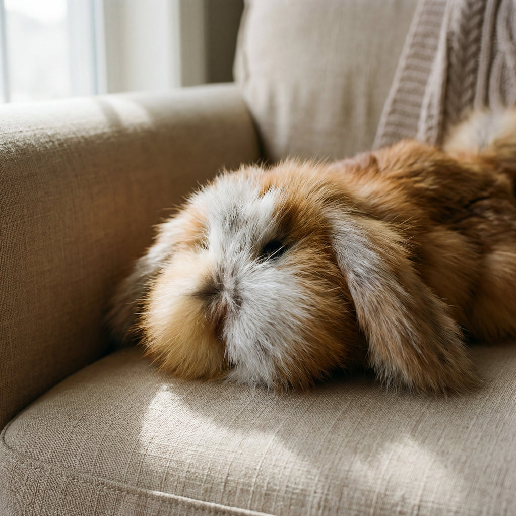 red fox fur puppy on a beige chair
