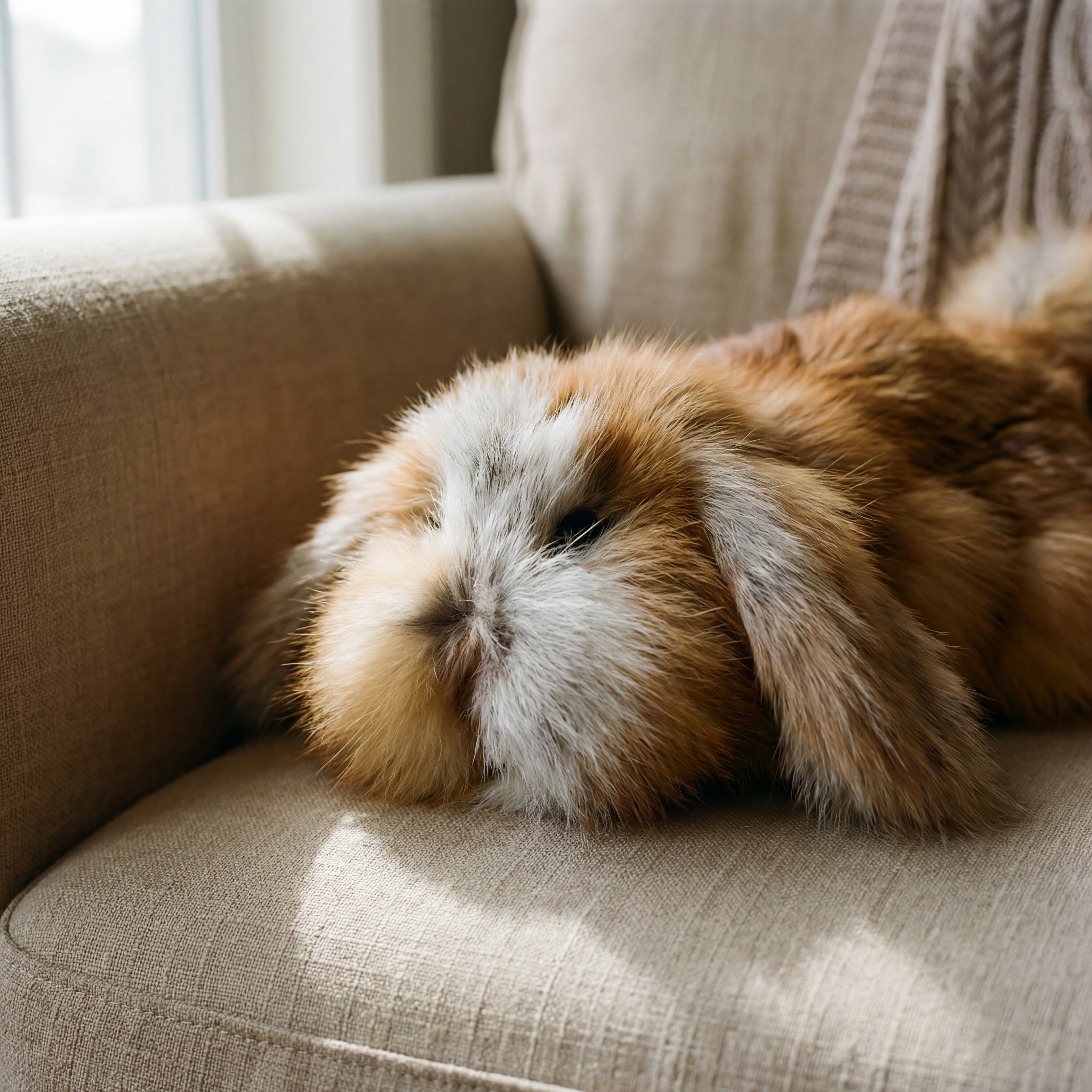 red fox fur puppy on a beige chair