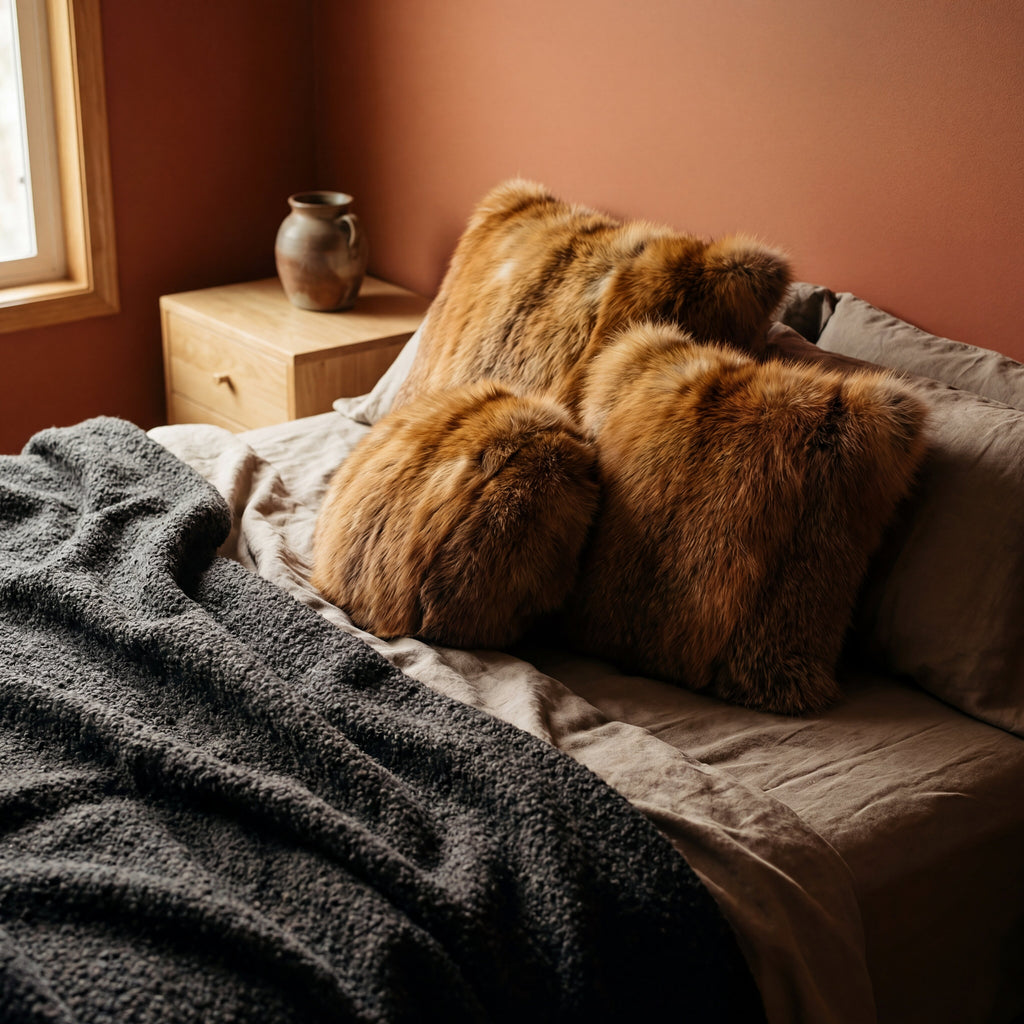 red fox fur pillows on a bed