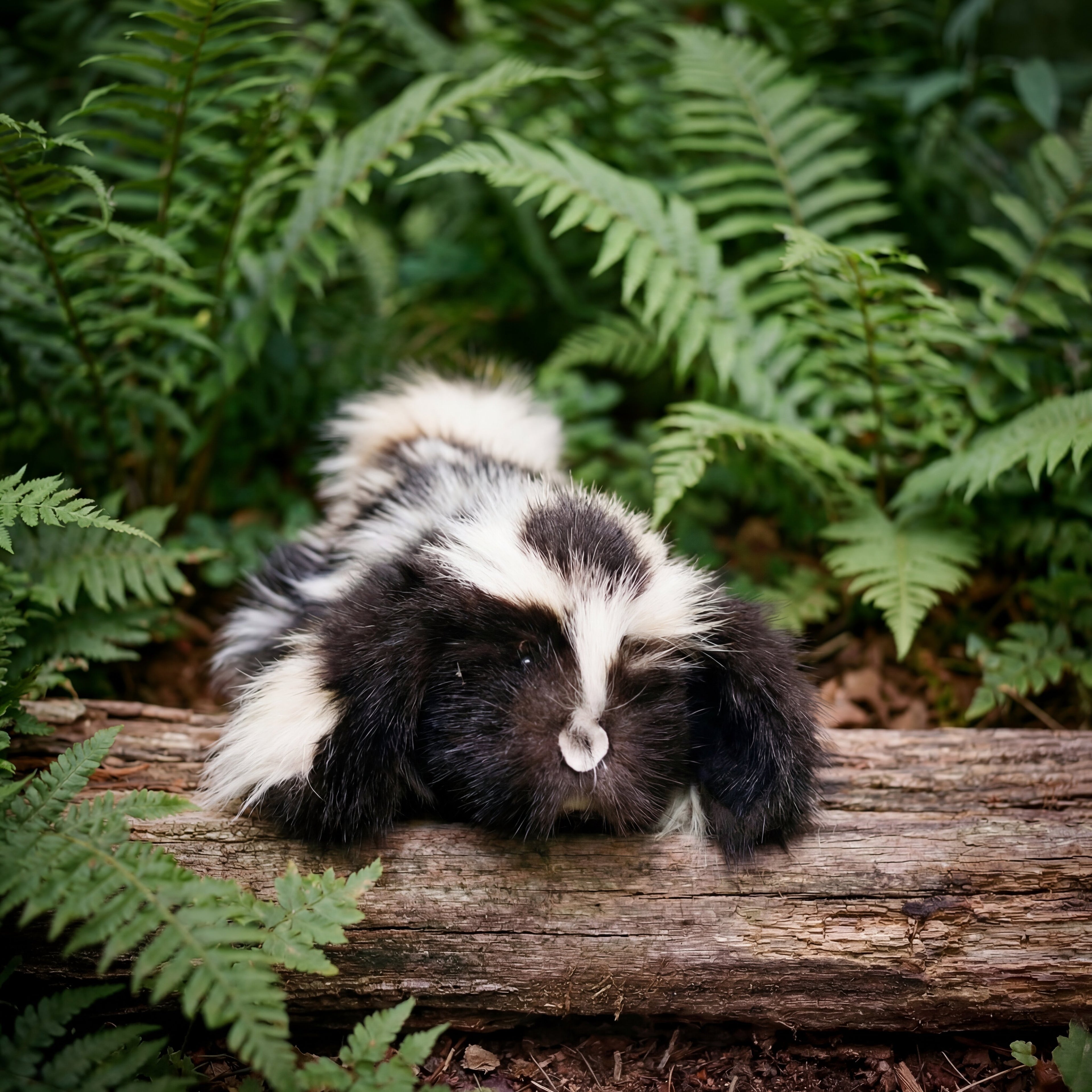 skunk fur hound puppy outside on a log