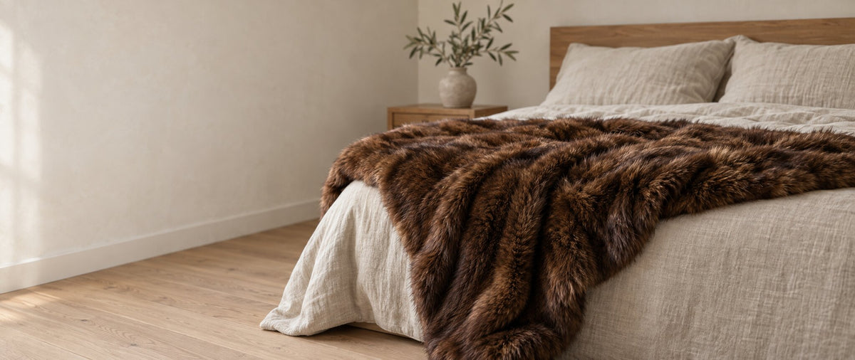 Beaver fur throw on a Scandinavian-style bed